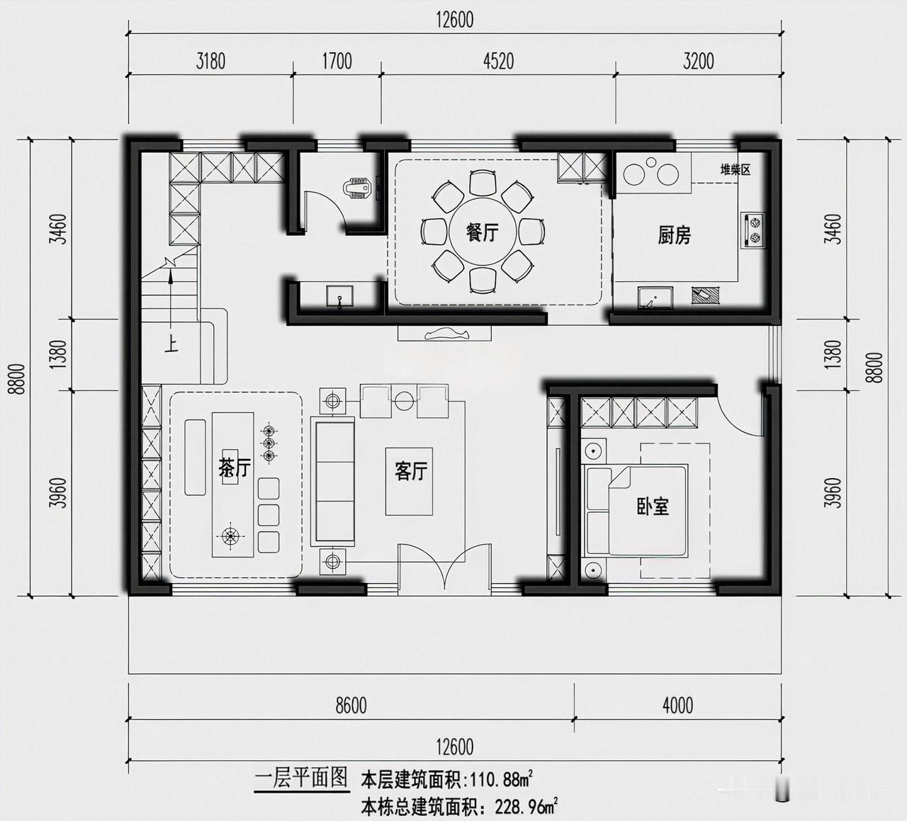 二层自建房户型布局。
占地尺寸：12.6米X8.8米。
4房4厅2卫。