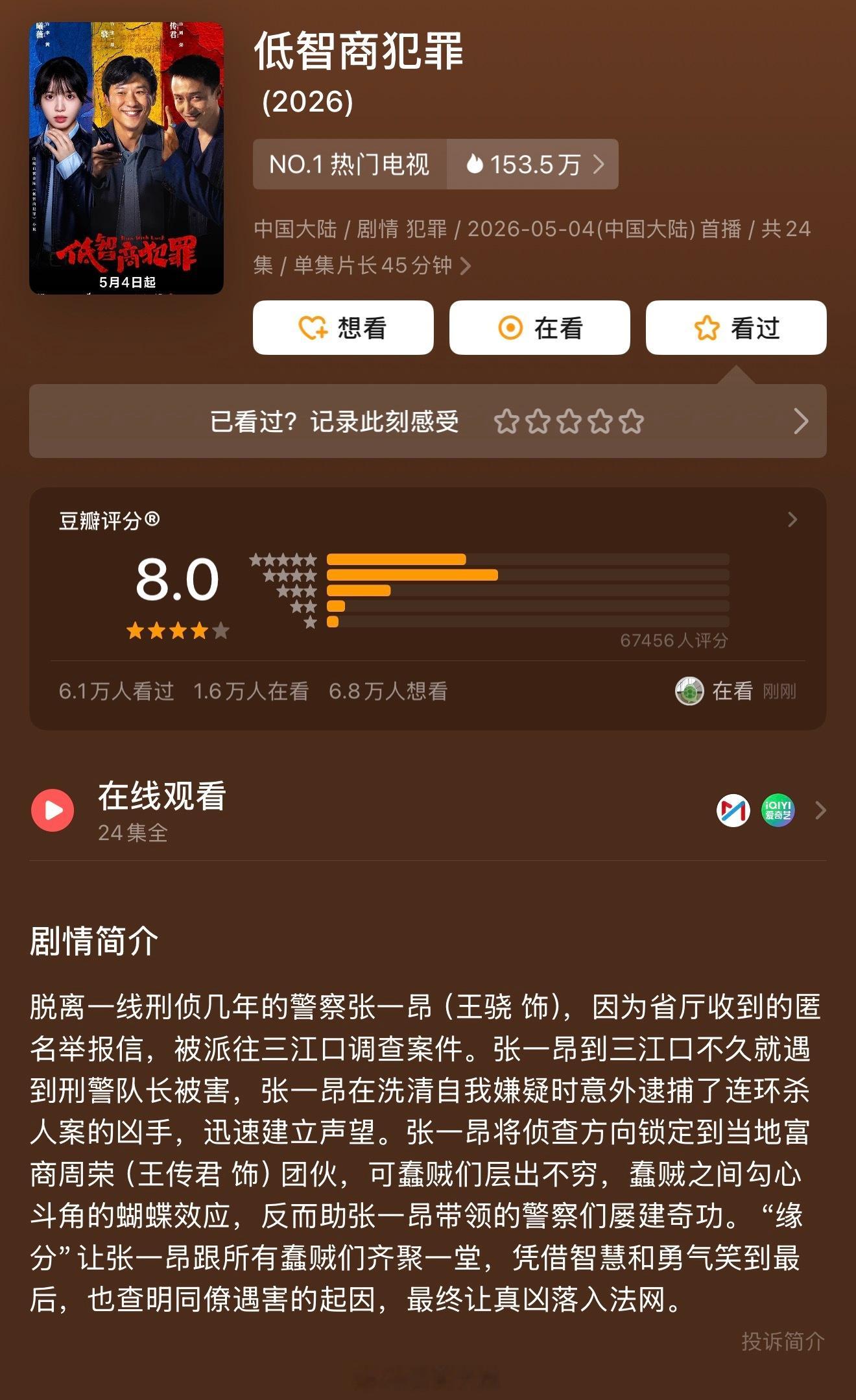 周日好！和我妈在家一边吃饭一边开始看《低智商犯罪》，吃风干羊肉菜心苗贝勒红豆卷。
