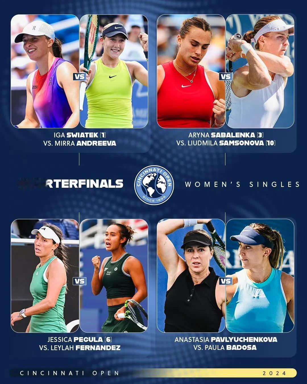 WTA1000辛辛那提站第五日赛程

斯瓦泰克与米拉·安德列娃上演焦点战，萨巴伦