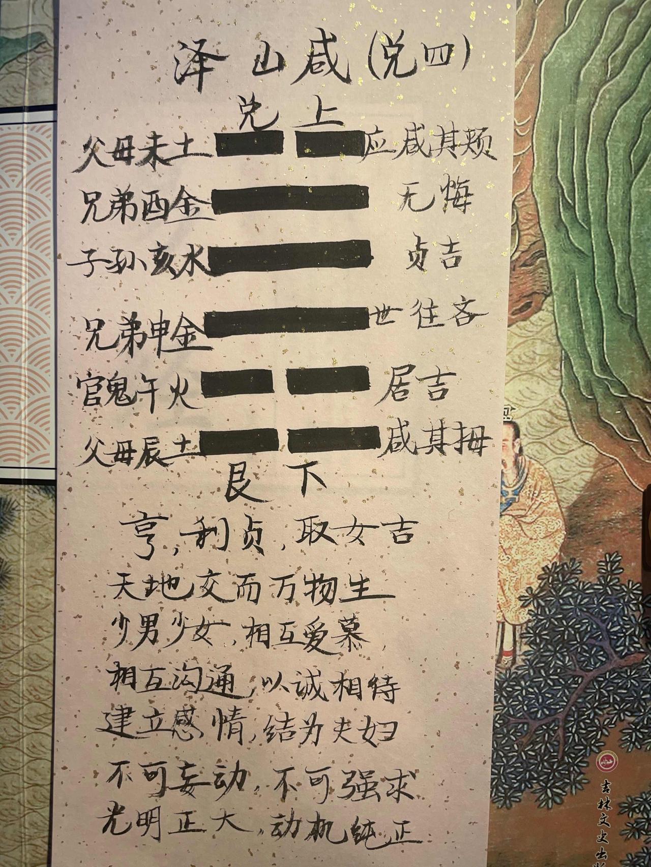 31泽山咸 
亨，利贞，取女吉。
初六，咸其拇。
六二，咸其腓，凶。居吉。
九三