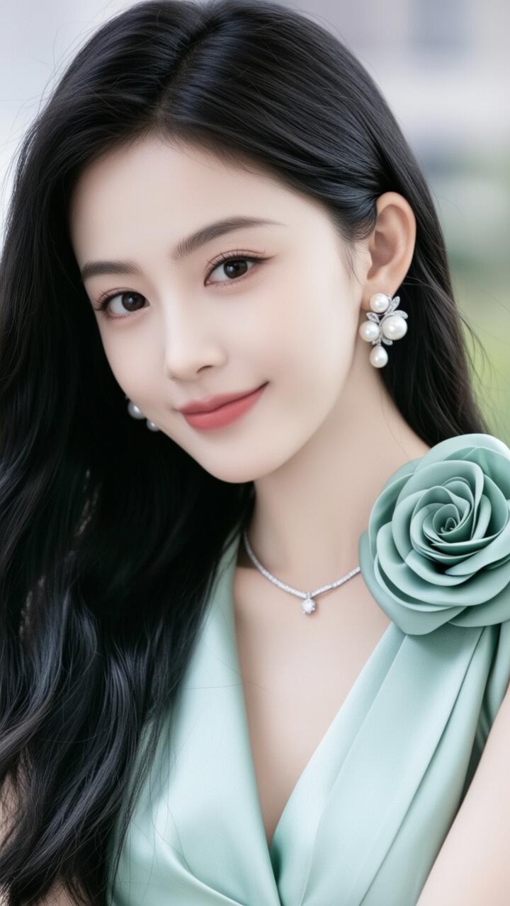 优雅气质，温柔可人，珍珠耳环与玫瑰相映成趣，尽显女性魅力。