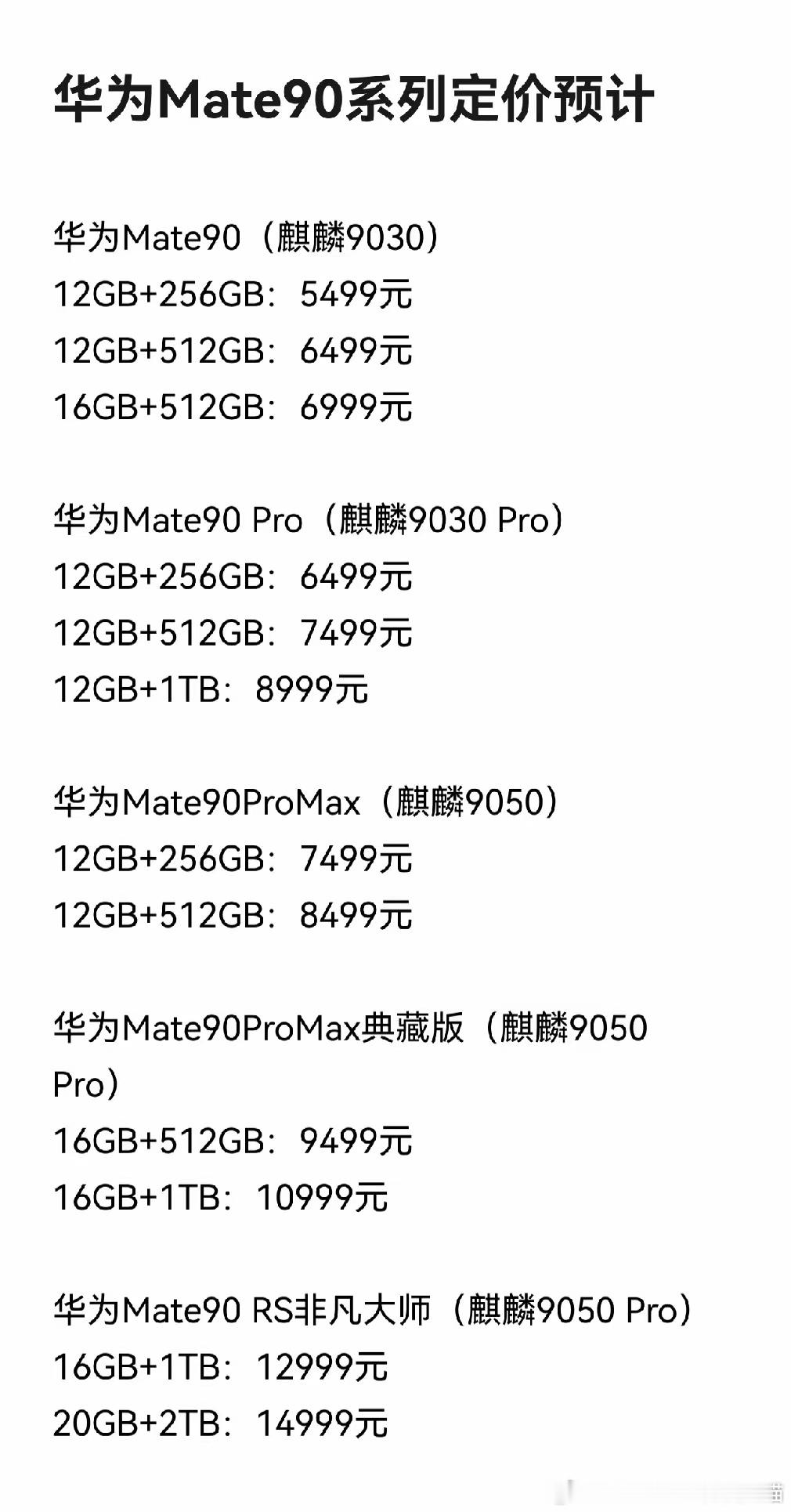 华为Mate90系列价格曝光​​各个版本的预估售价拉开了明显差距，标准版5499
