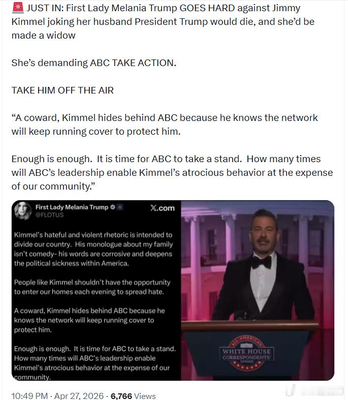 美第一夫人梅拉尼娅·特朗普强烈抨击美国电视主持人吉米·基梅尔，指责他在节目中拿她