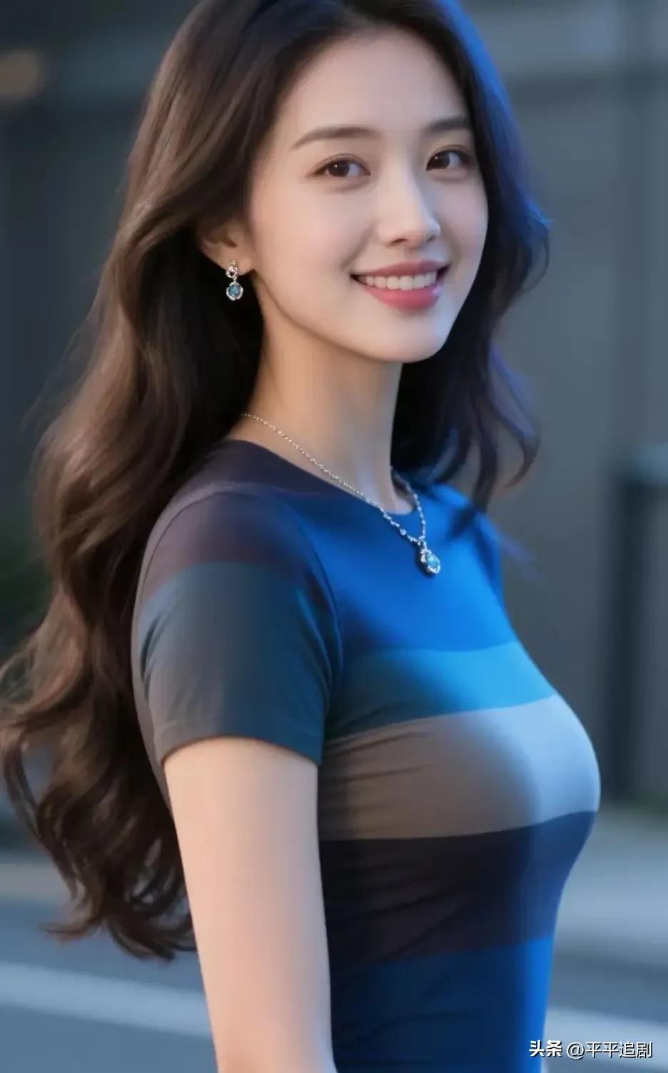 渐变蓝调裹身，卷发轻扬，眉眼间是藏不住的鲜活与明媚。