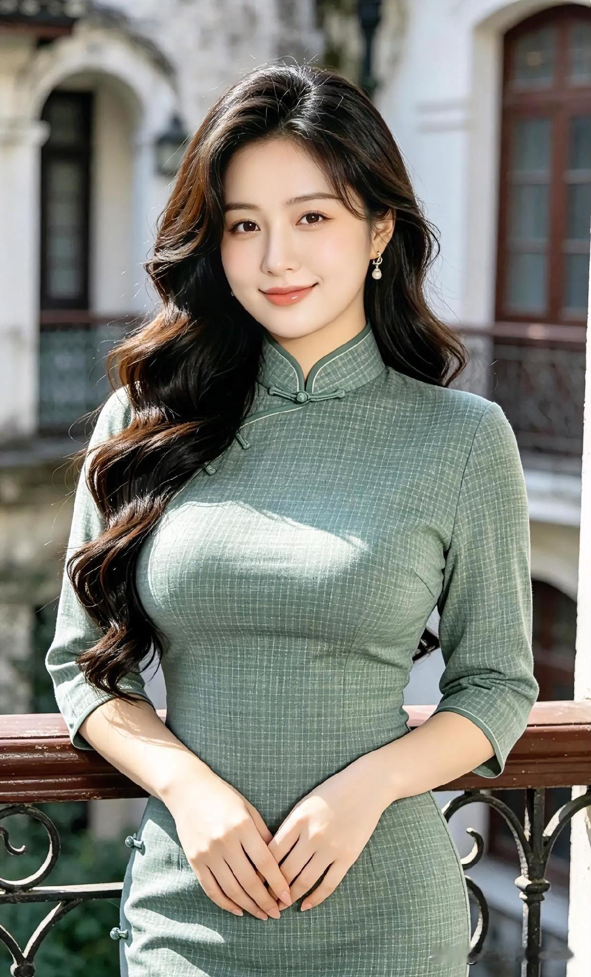 墨绿旗袍勾勒曼妙曲线，古典园林深处，温婉气质与岁月静好相得益彰。