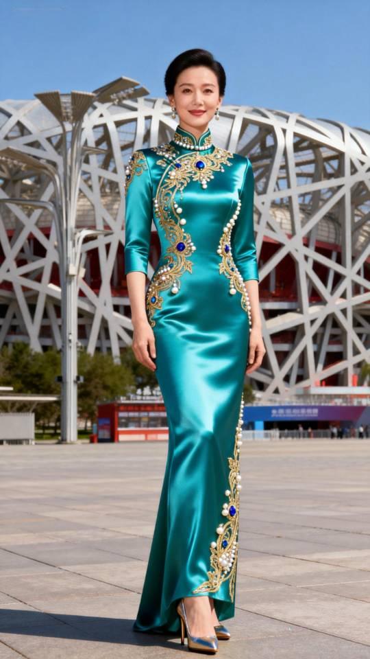 美女在鸟巢前展示大型晚会节目主持人晚礼服。晚礼服 晚礼服长裙