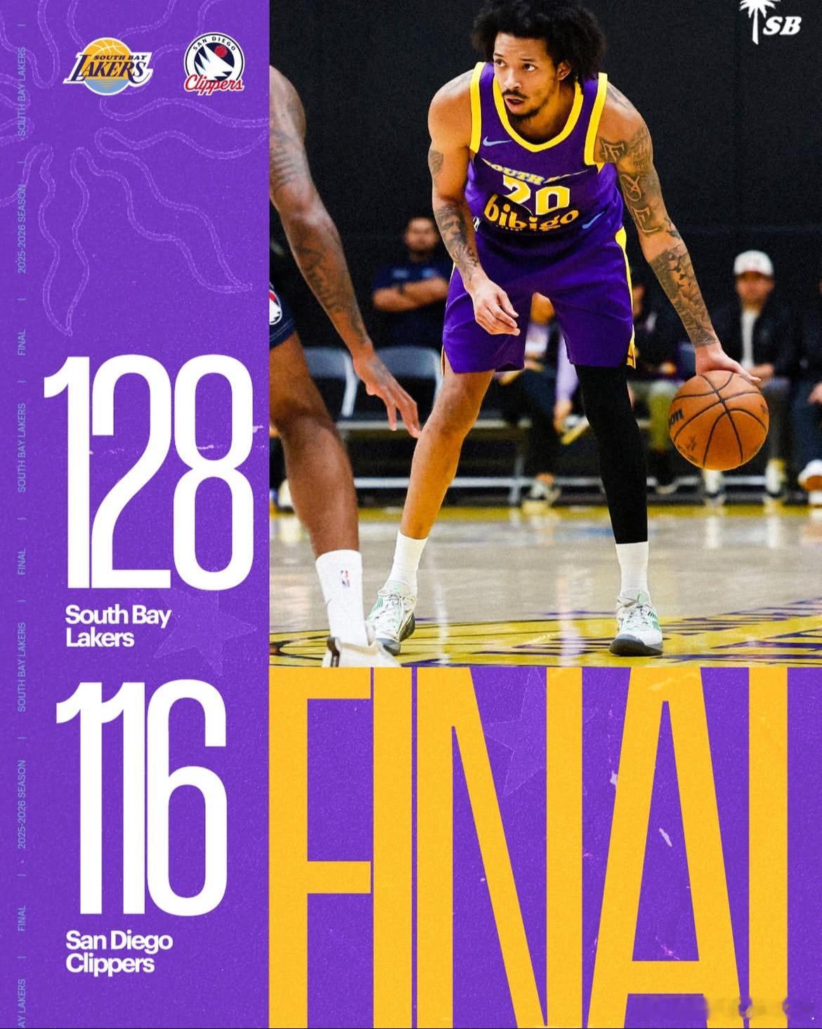 南湾湖人今日128-116战胜快船G联盟球队朱-蒂米20分6板，布朗尼12分3板