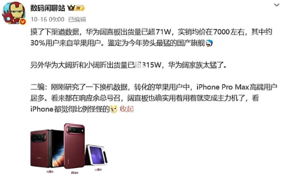 华为阔直板销量爆炸了，80多万的销量，一机难求，而且主力销量是7000块的中价位