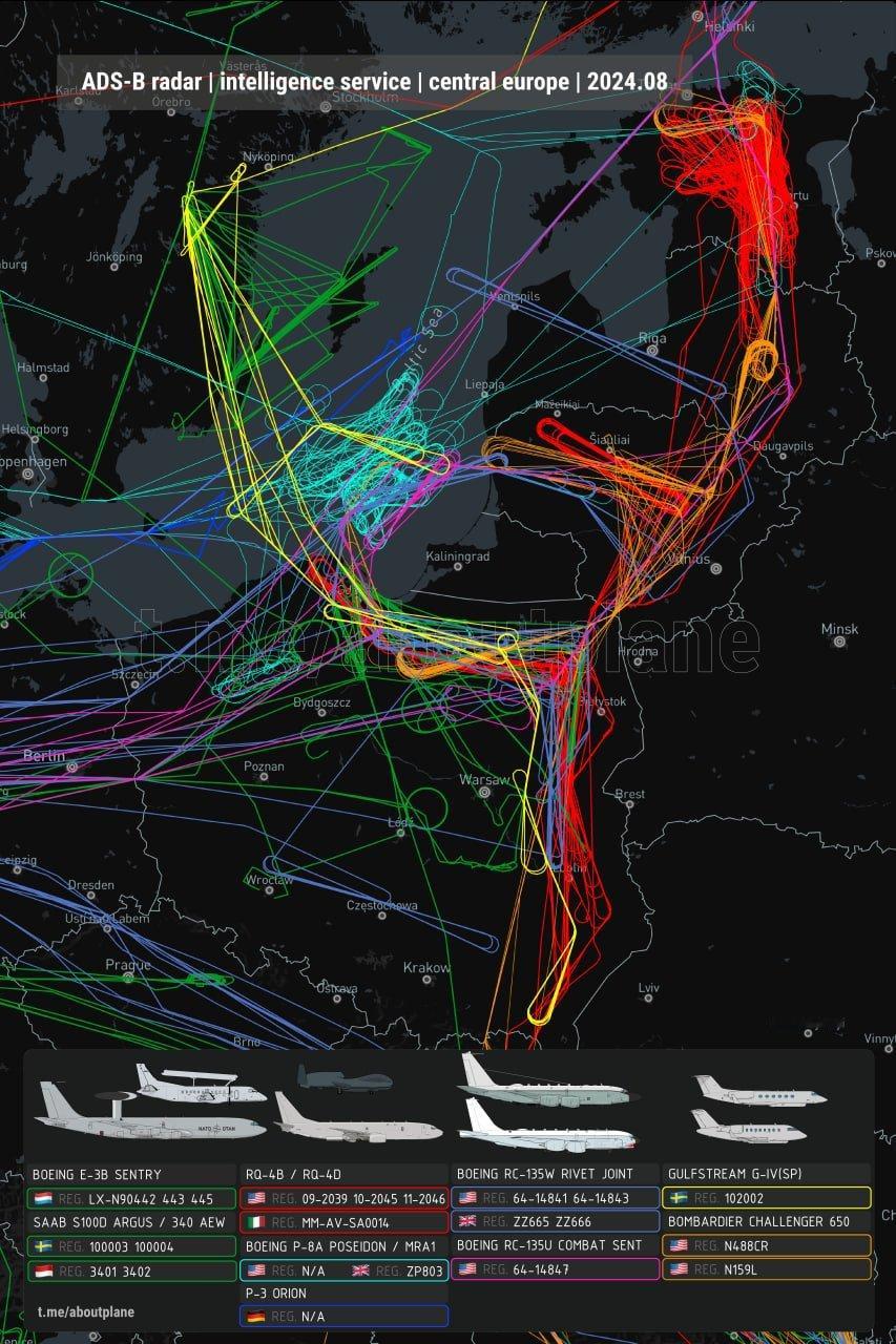 2024年八月北约各型侦查、指挥控制与预警、情报搜集飞机的航线轨迹，可见回归空天