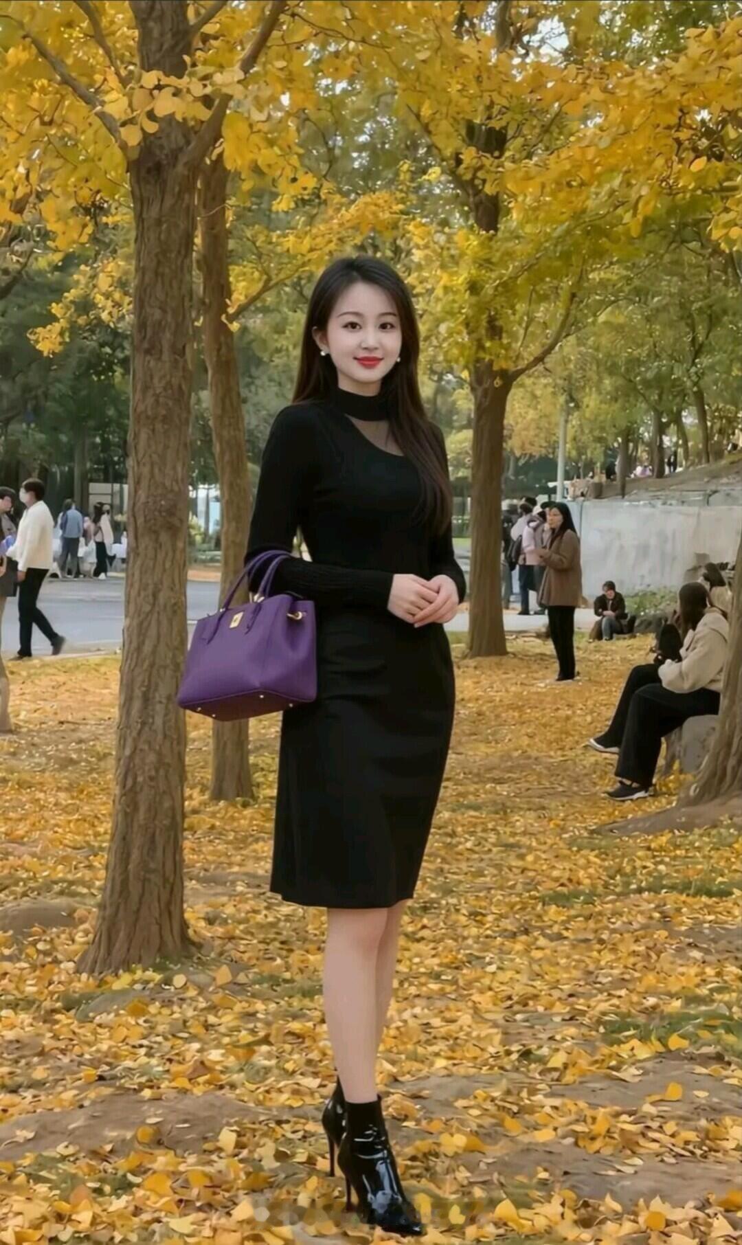 秋日穿搭指南：黑色连衣裙+紫色手袋，优雅出街！🍂👗👜