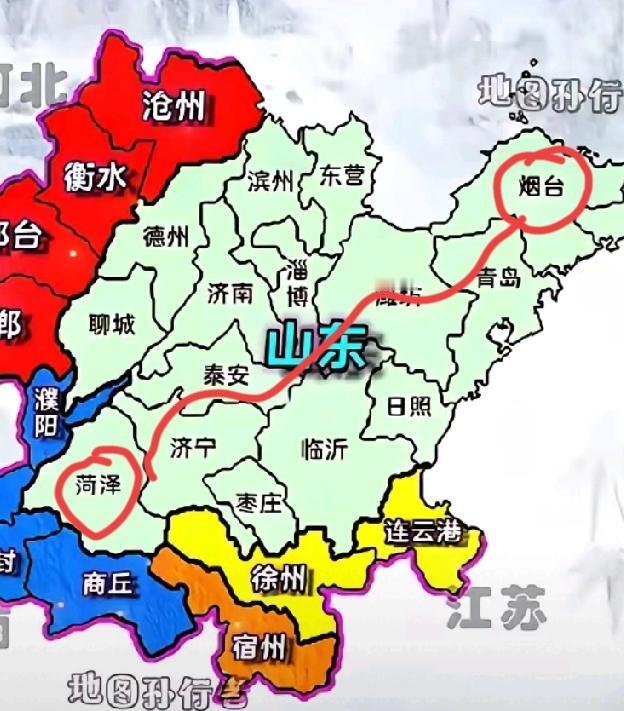 原来菏泽市和烟台市的距离这么远啊，达到750公里左右，真是令人震撼！菏泽市位于山