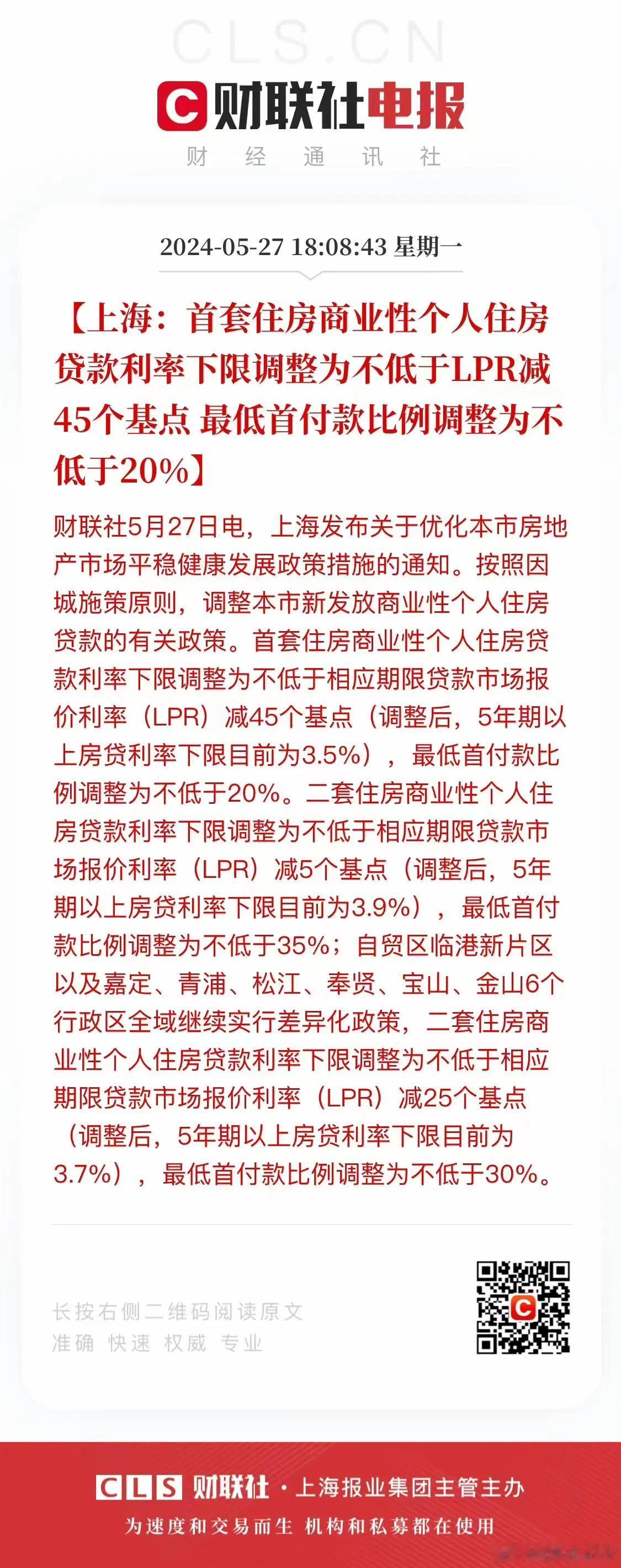 还是顶不住了。上海首套首付20%，房贷利率3.5%，二套35%，利率3.9%。