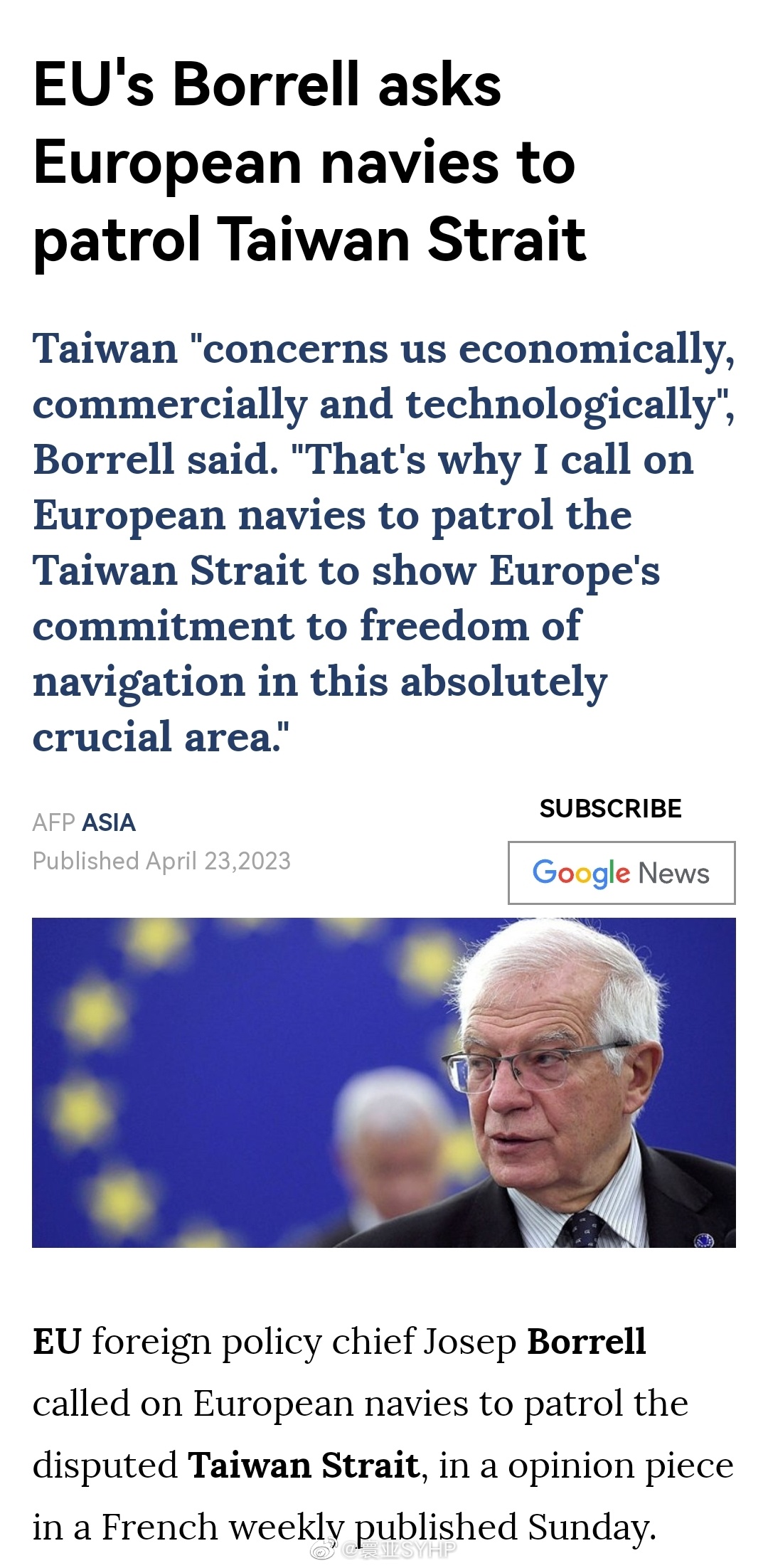 博雷利呼吁欧洲海军巡逻台湾海峡4月23日，欧盟外交与安全政策高级代表博雷利在法国
