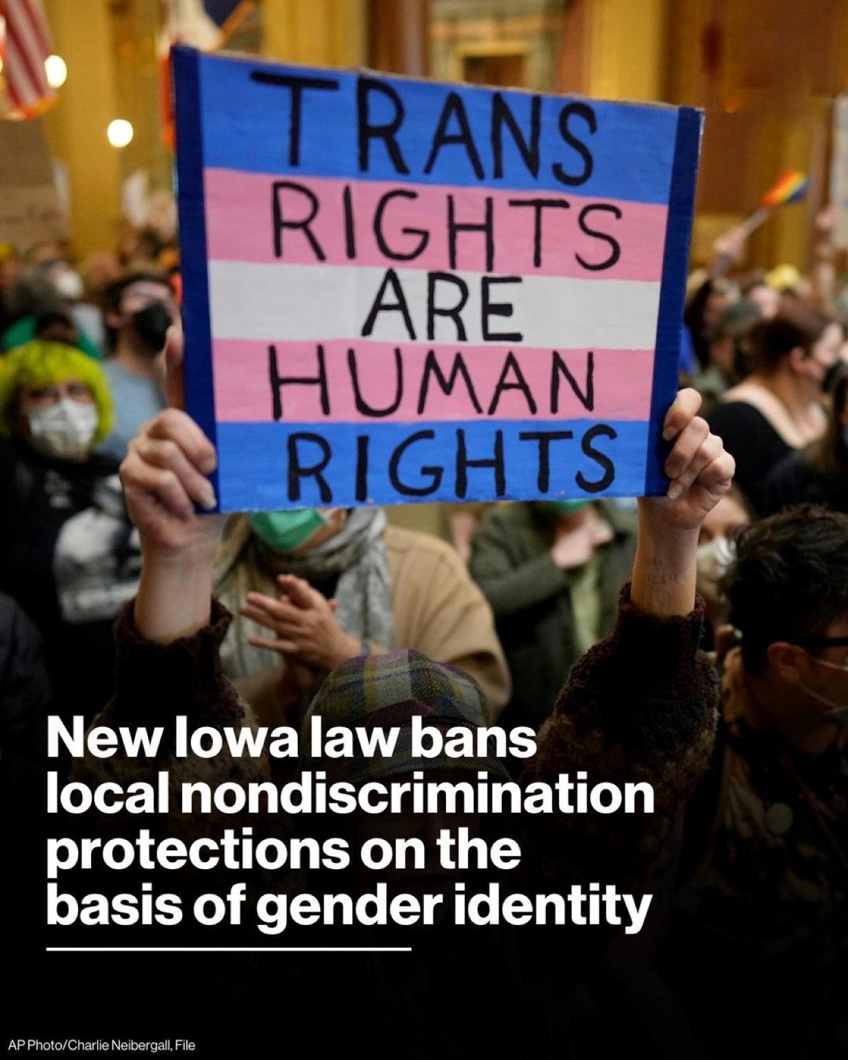 去年，爱荷华州成为美国第一个废除其民权法的州。如今，爱荷华州一项新法律禁止地方政