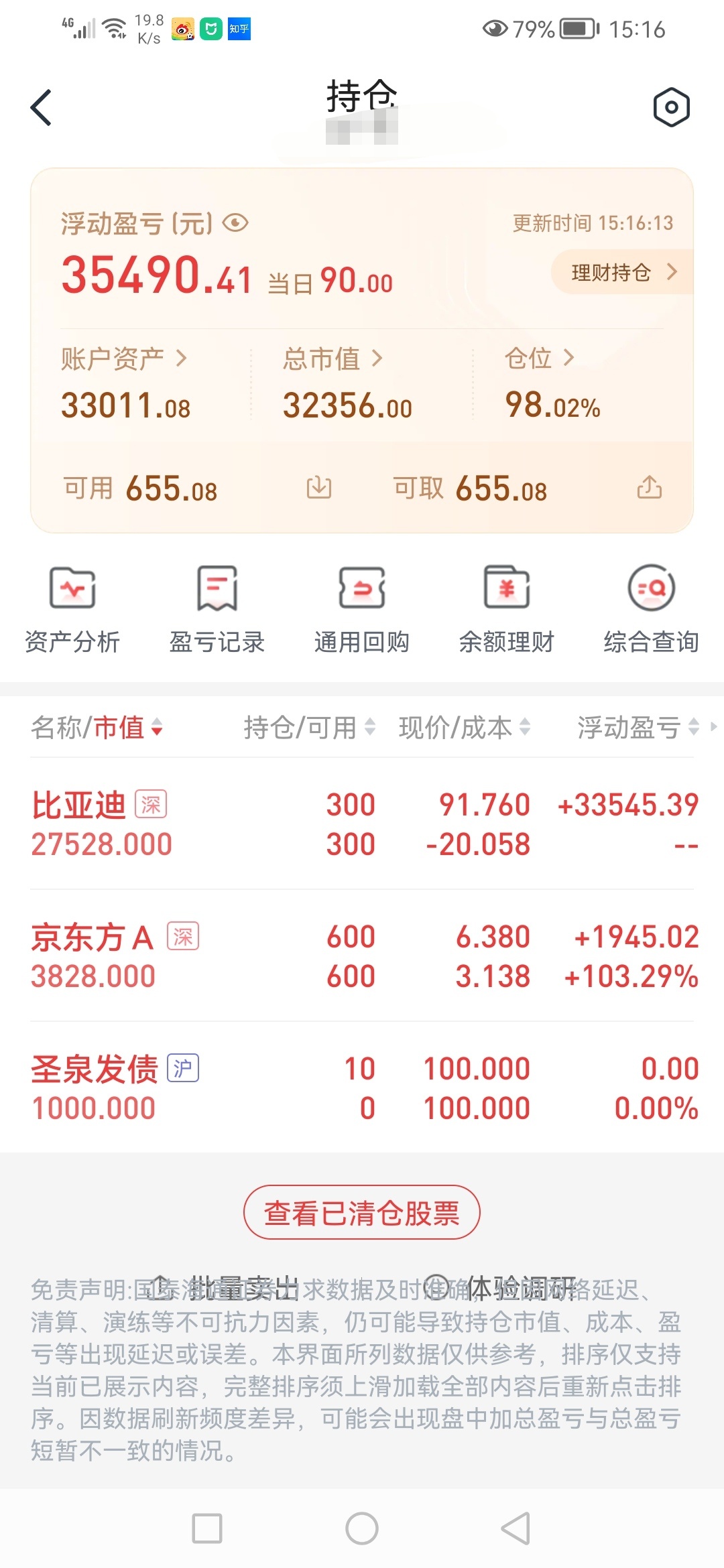 20260715星期三，账户净值847297元，浮亏19048元。今天比亚迪涨的