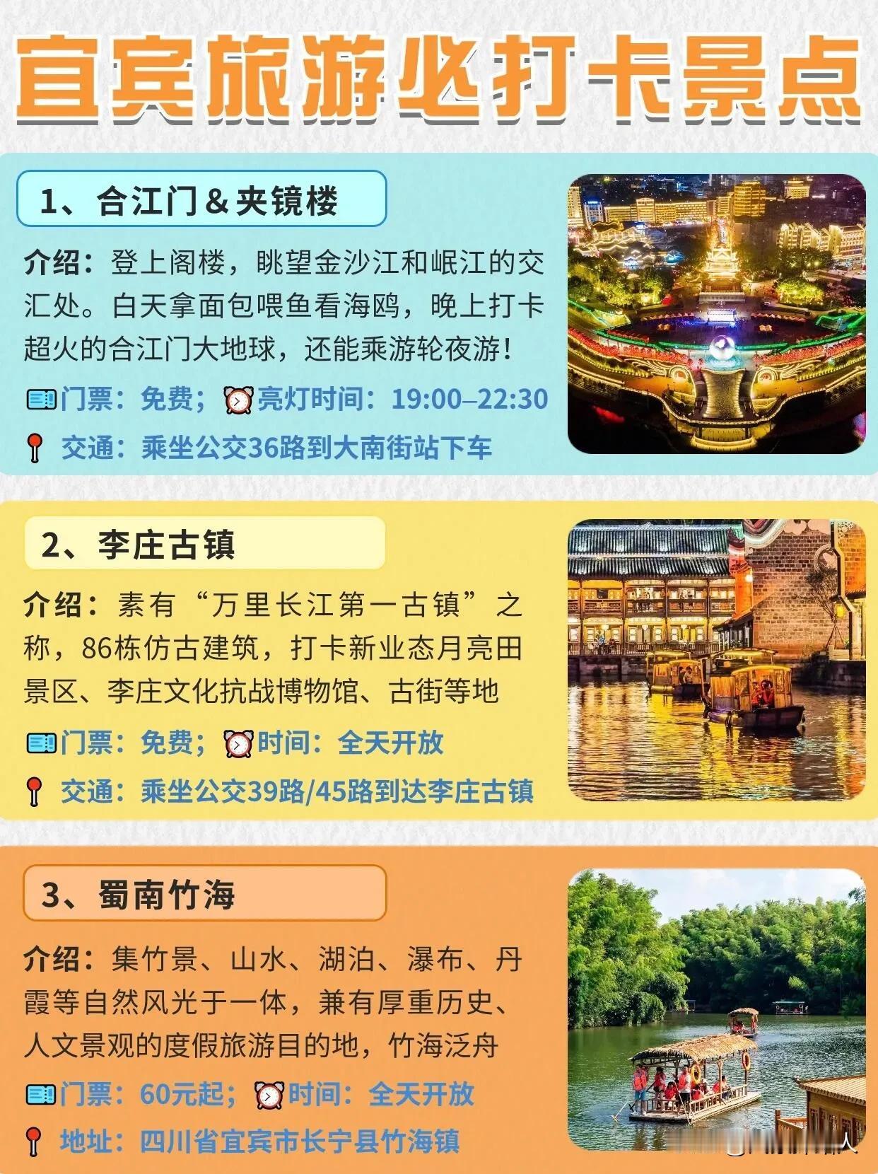 四川宜宾旅游打卡攻略，景点分别有李庄古镇、蜀南竹海、冠英古街、流杯池公园、大观楼