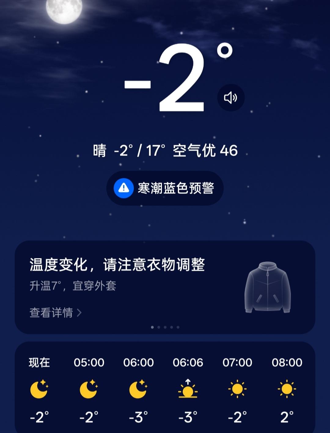 今天是10月22日，星期四，沈阳市天气-2——17℃，霜冻蓝色预警，今天早晨沈阳