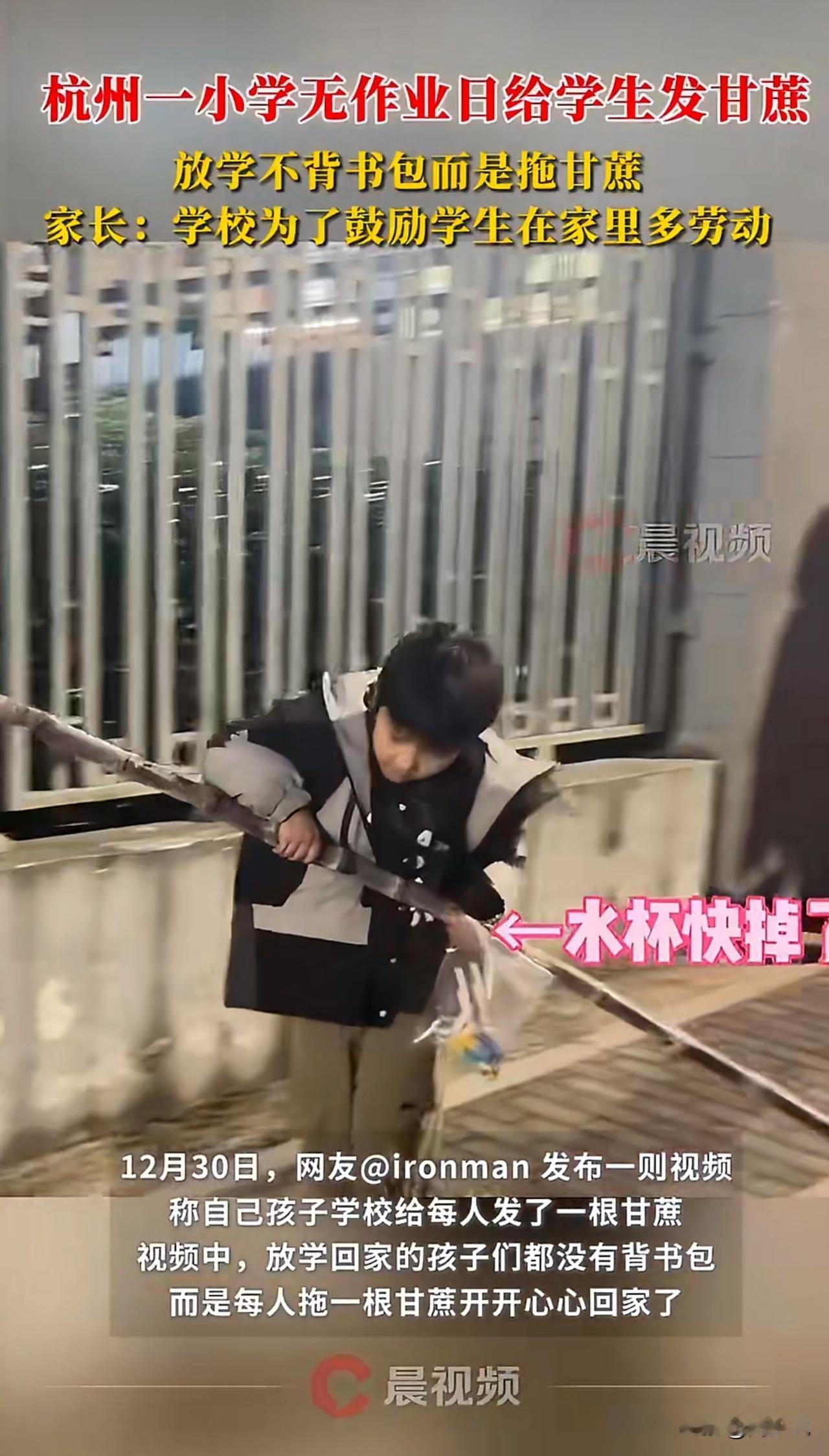 万万没想到这所学校以这种方式火了！杭州一小学无作业日，放学不背书包全拖甘蔗回家，