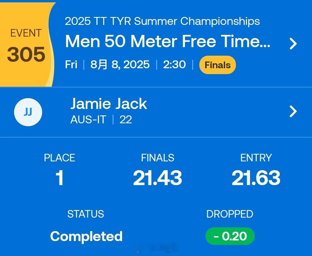 全美夏季游泳锦标赛 男50自计时测试赛🇦🇺Jamie Jack 21.43 