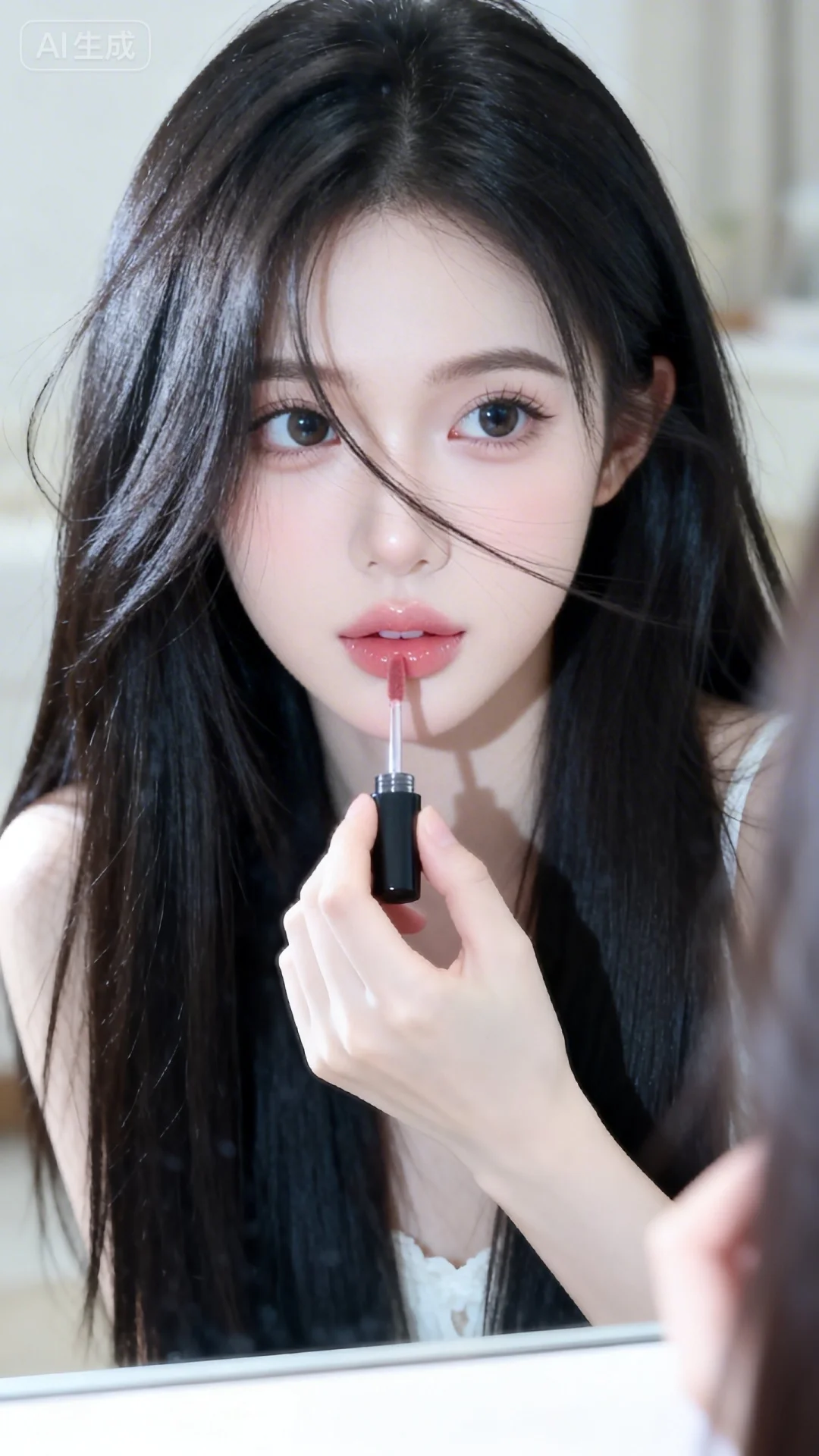 少女感网拍，冷白皮，清透甜美妆容，室内背景，无辜大眼睛，一头黑长直的秀...