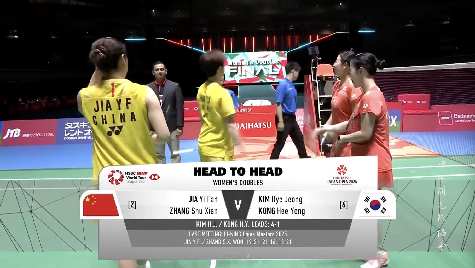 贾一凡/张殊贤🇨🇳 vs 🇰🇷金慧贞/孔熙容，女双决赛马上开始！2026