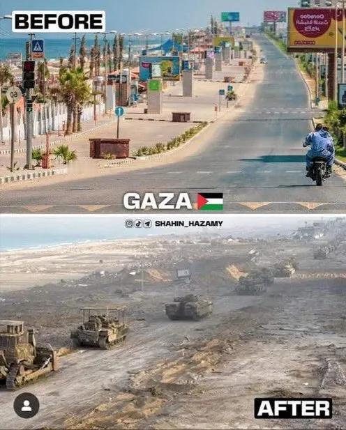 以色列入侵前后加沙海滨城市拉希德街道对比状况。。(信息来源推特)