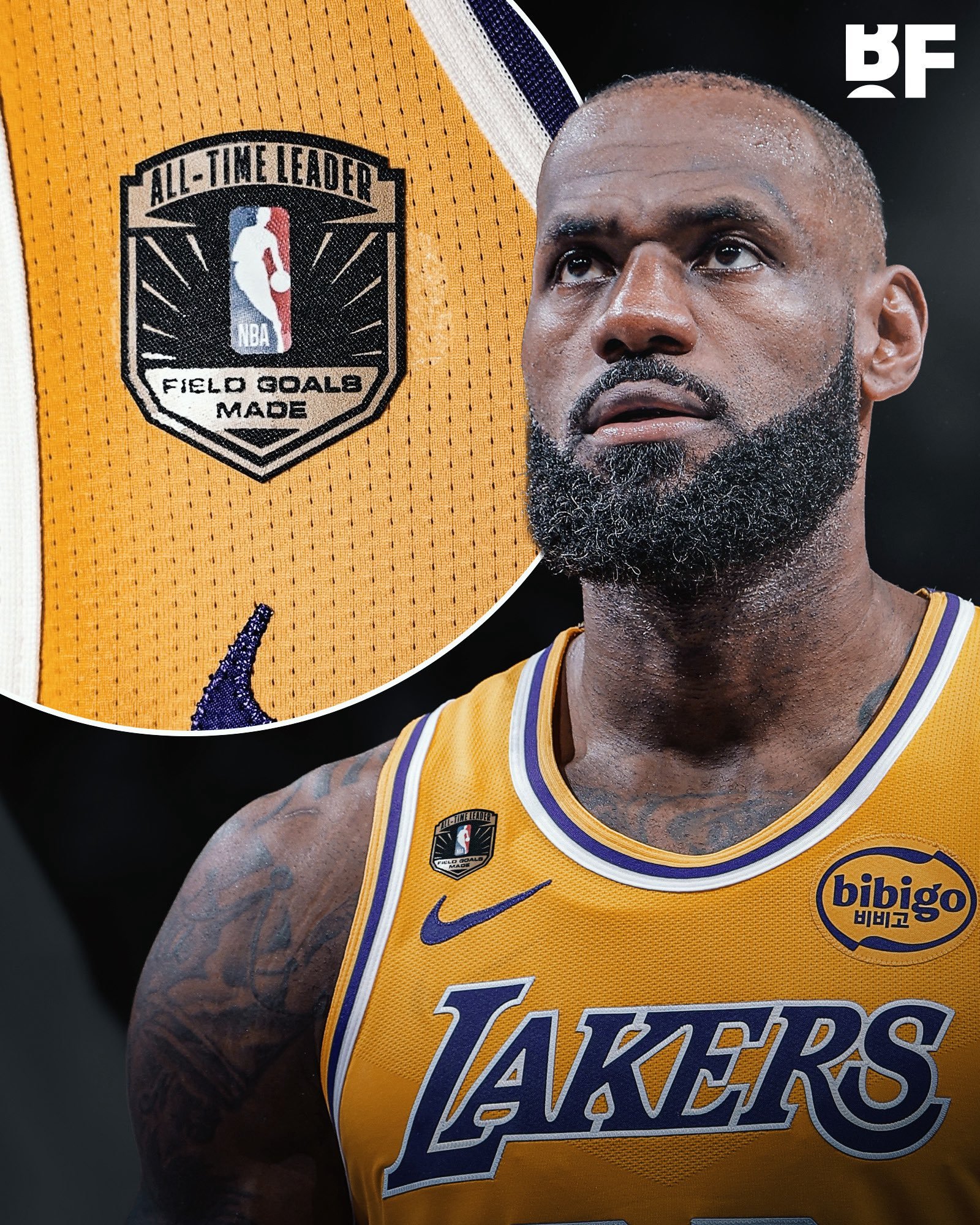 詹姆斯今天对阵公牛将在球衣上佩戴“历史投篮命中数第一人（All-Time FGM