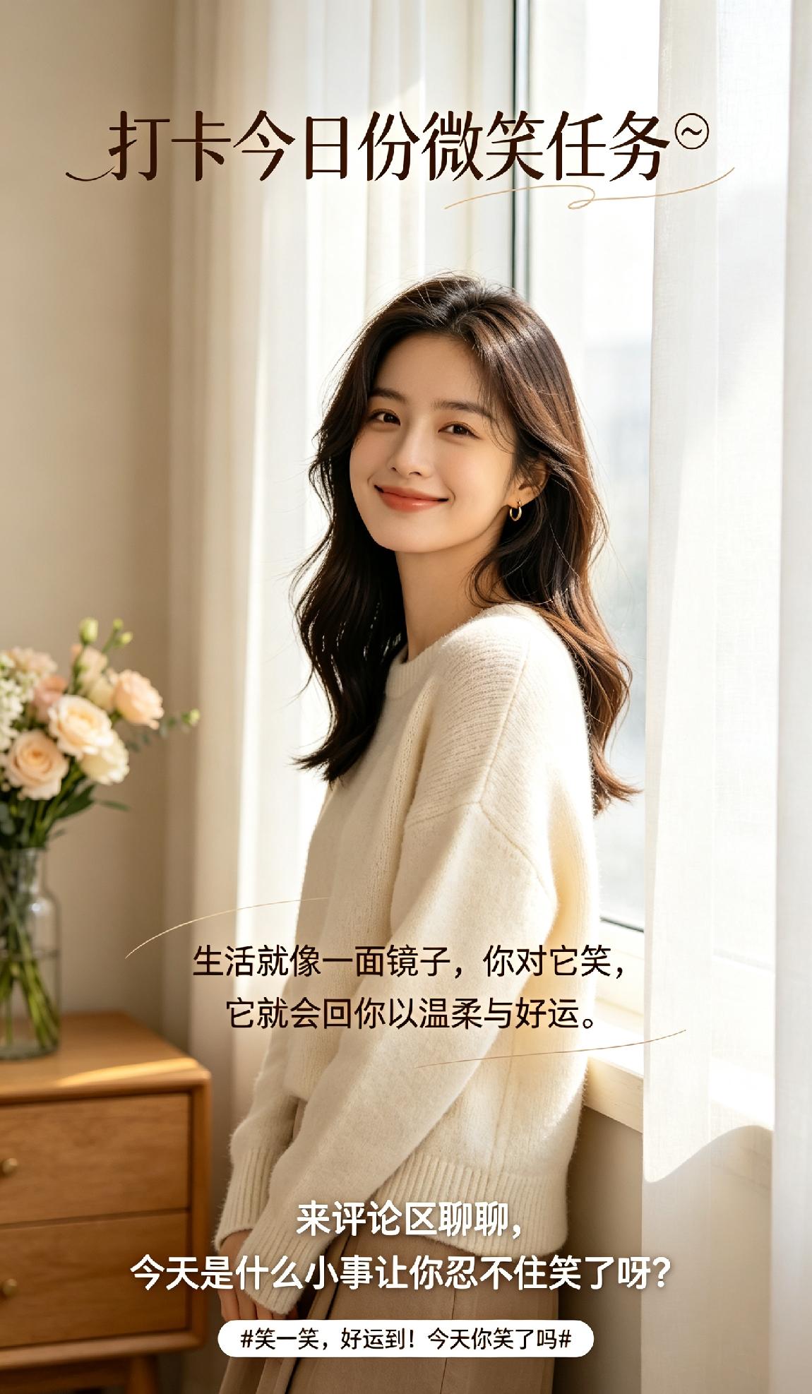 打卡今日份微笑任务，
生活就像一面镜子，你对它笑，它就会回你以温柔与好运。
来评