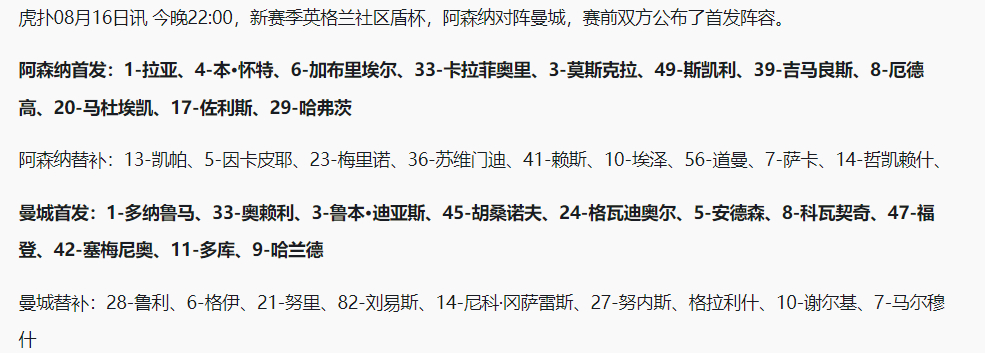 社区盾首发出炉！阿森纳这边吉马良斯、佐利斯迎来首秀，哈弗茨突前，萨卡、赖斯替补待