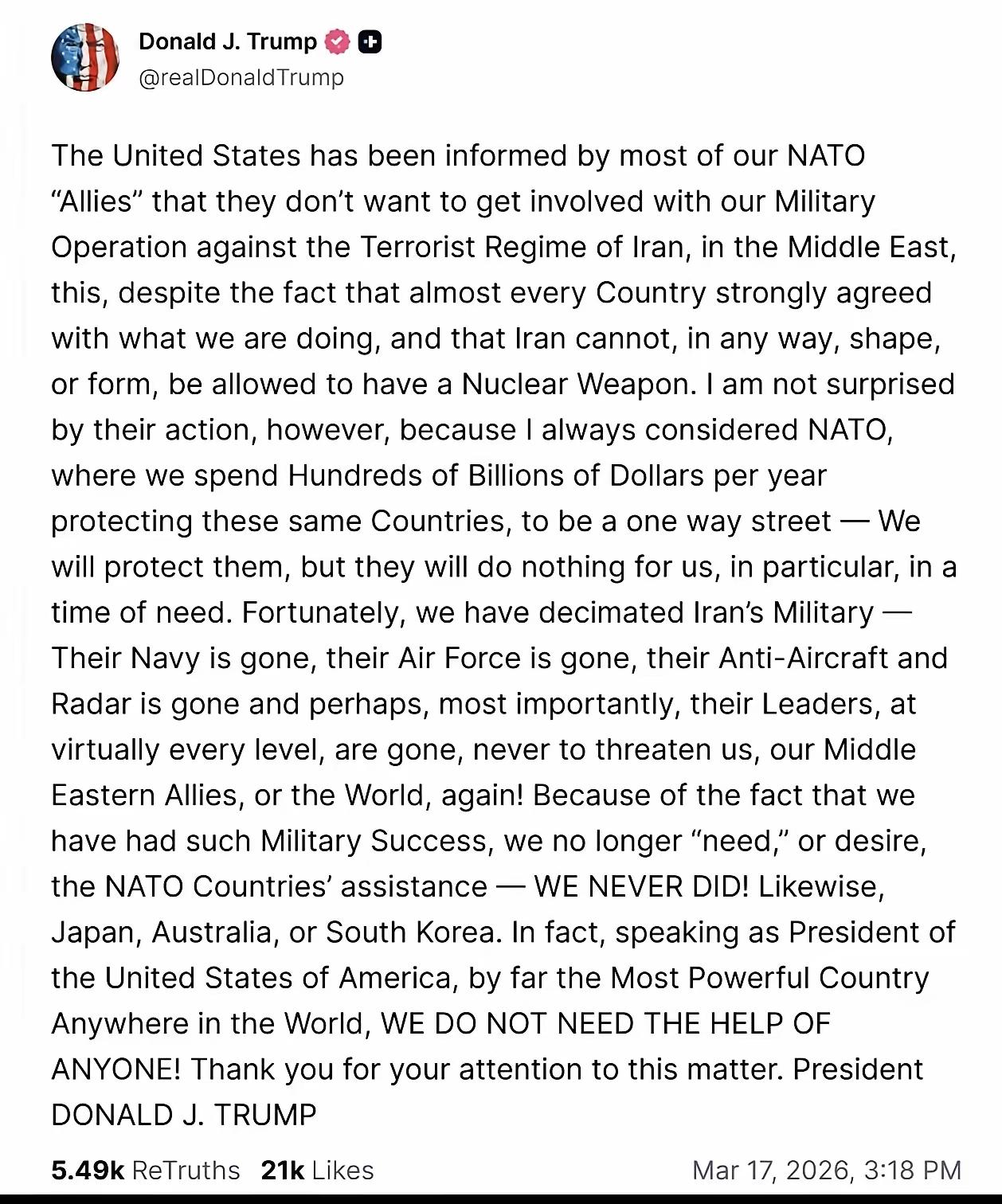 收手吧老特，再这样下去谁也救不了你了。

特朗普前几天还要求欧洲和日本韩国必须派