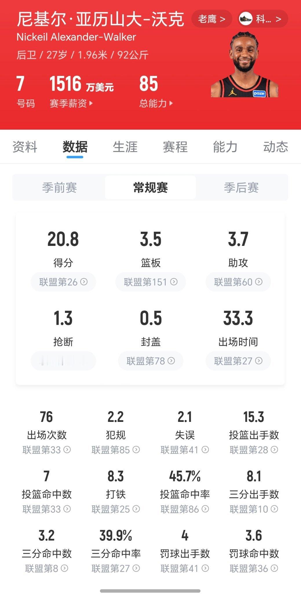 明天看看沃克对骑士表现老鹰vs骑士