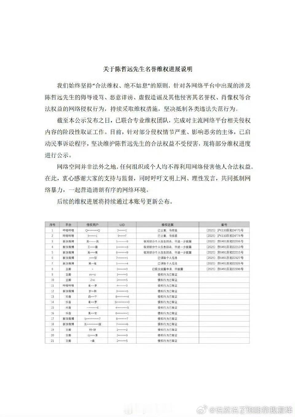 陈哲远维权进度说明，支持远子告黑！网络不是法外之地！要是能把于歪告了就好了
