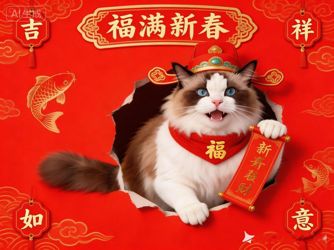 这只猫穿得真喜庆，春节气氛十足！