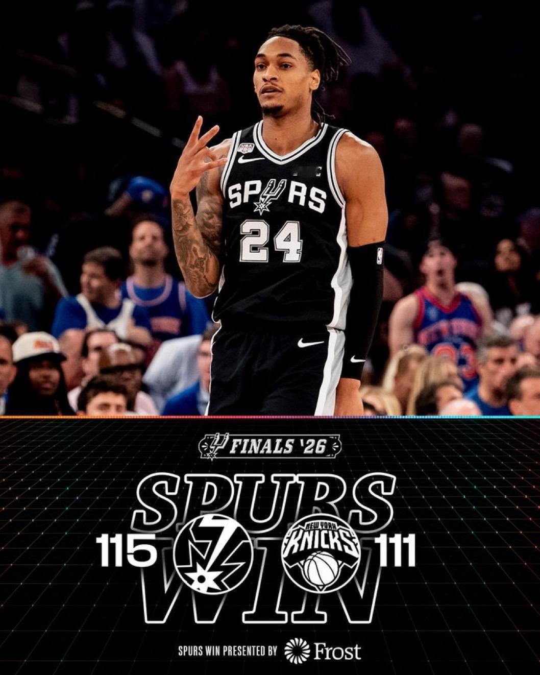 6月8日NBA总决赛第三场战报：

马刺115-111尼克斯，首节，马刺33-2