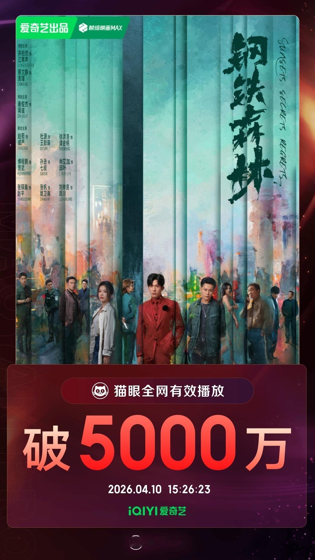 钢铁森林有效播放量破5000万 据猫眼专业版数据，领衔主演剧集《钢铁森林》有效播