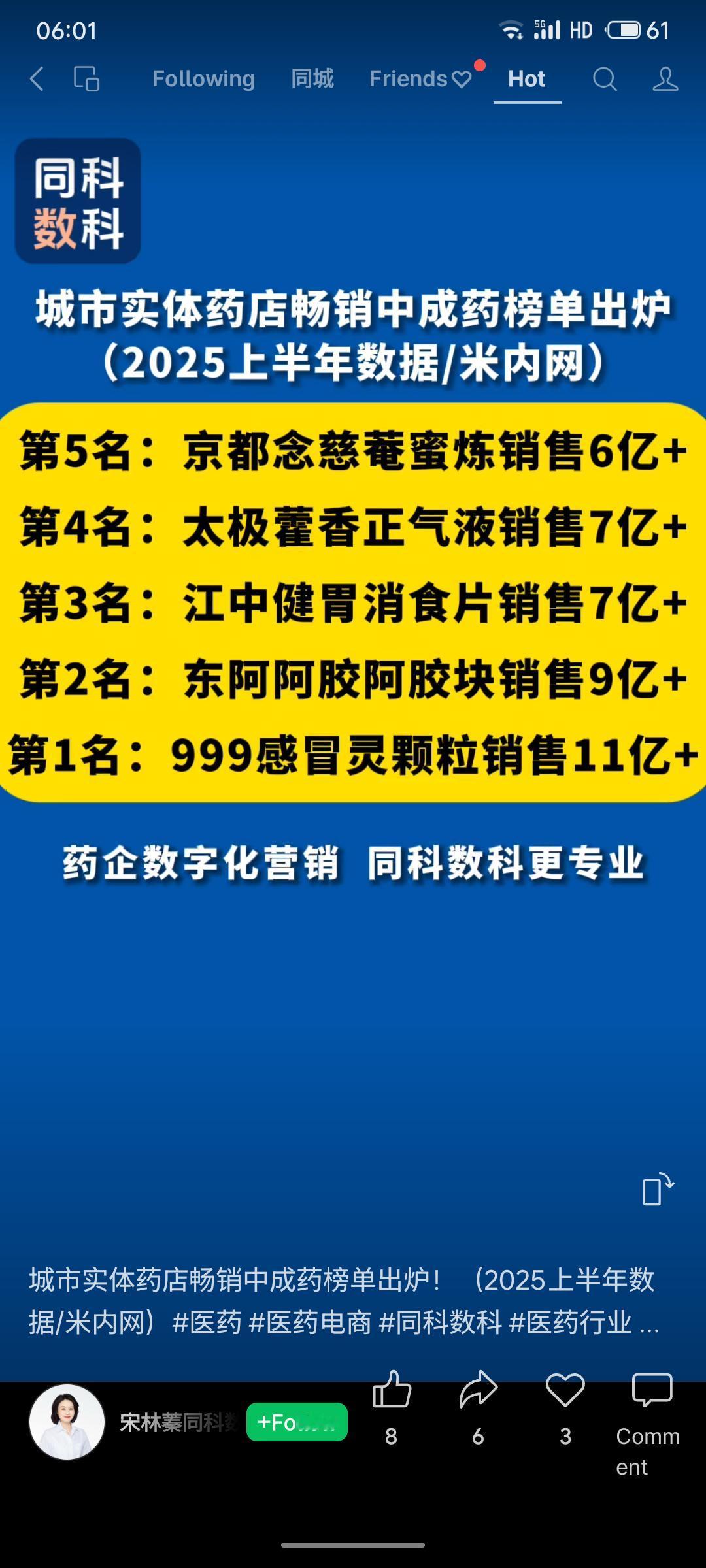 2025上半年城市实体药店中成药销售榜单显示，前五名分别为：999感冒灵颗粒（1