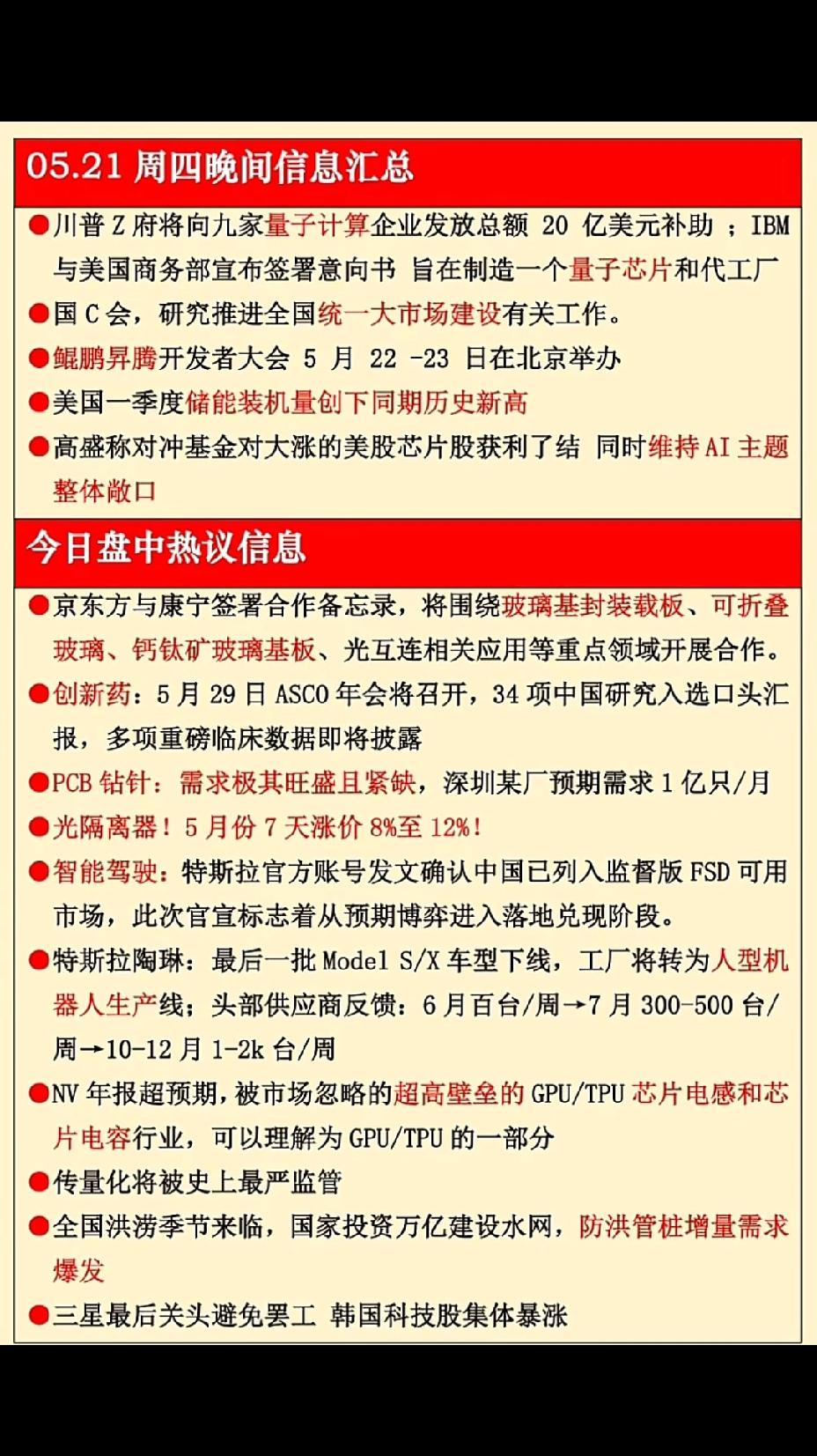 5月21日晚间重磅资讯梳理，这些赛道迎来强催化
 
周四晚间市场热点密集，量子计