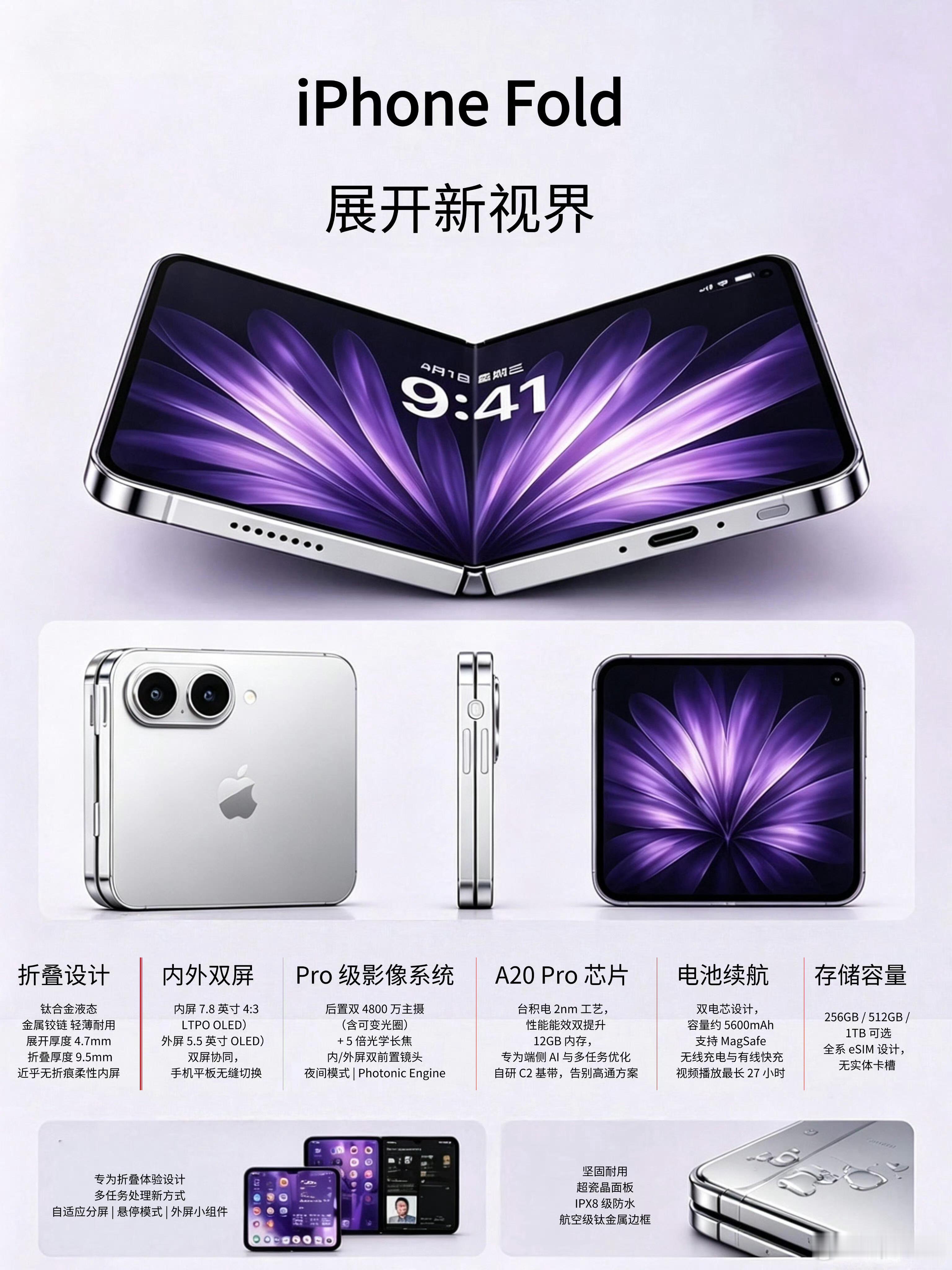 iPhone Fold今年终于要来了，这是苹果今年一个大招。阔折叠设计，钛合金铰