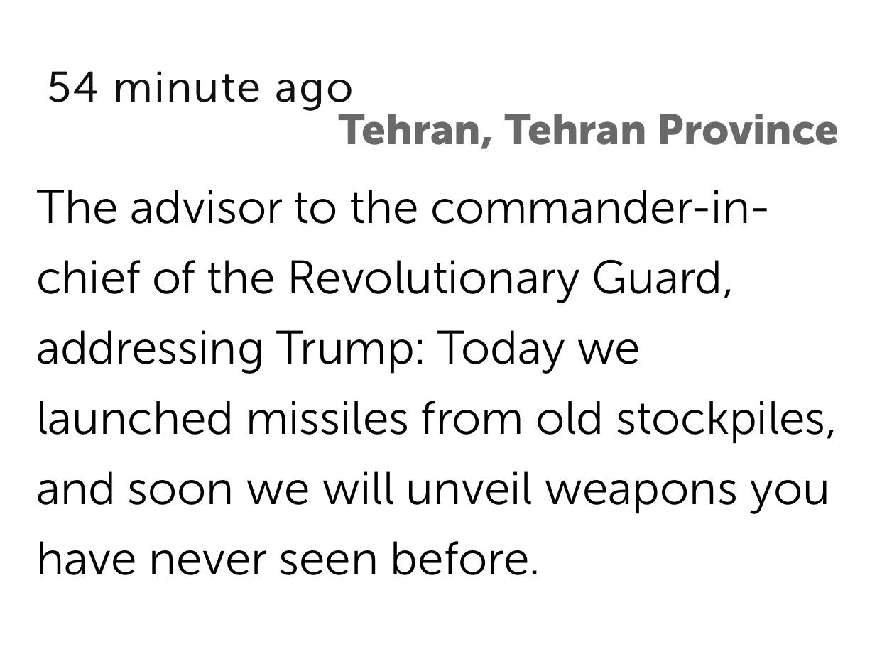 伊朗革命卫队总司令的顾问向特朗普喊话称：今天，我们从旧库存中发射了导弹，很快我们