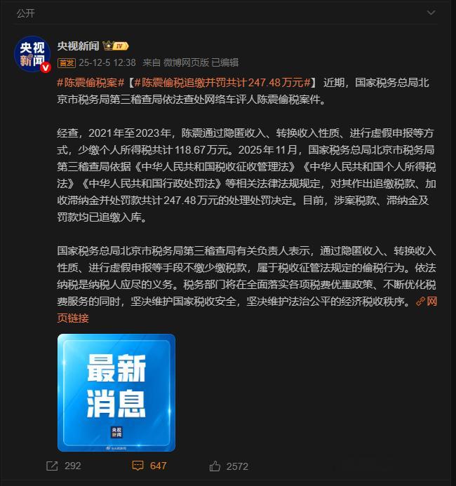 陈震偷税追缴并罚共计247.48万元 陈震偷税案 陈震多平台被禁言 只要被盯上，