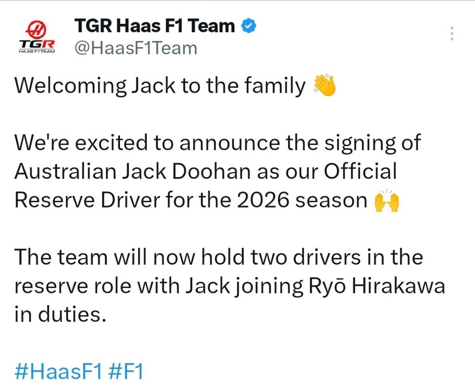 车手杰克•杜汉加入哈斯F1车队，担任2026赛季车队的储备车手一职。F1赛车