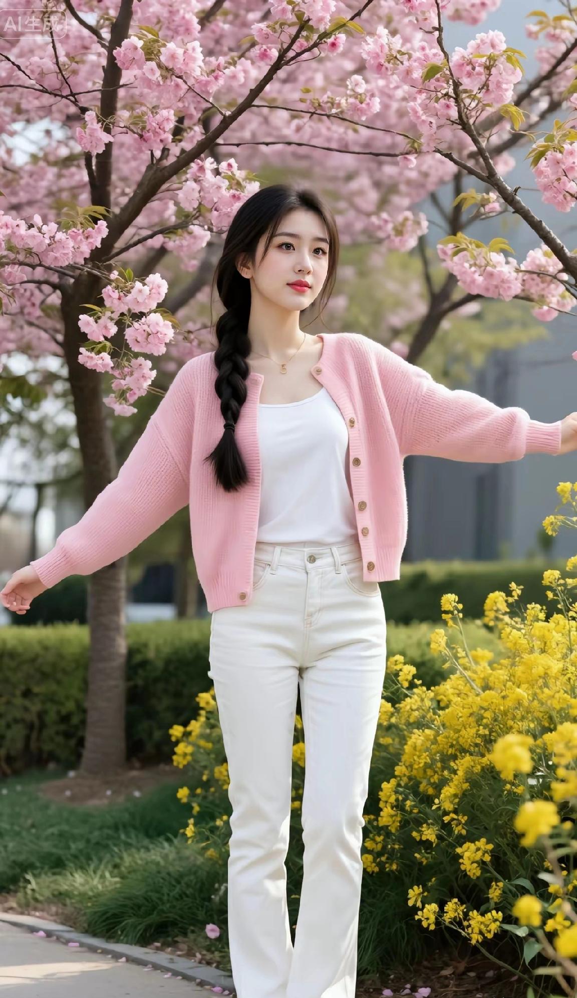 春日粉嫩穿搭，粉色毛衣+白色牛仔裤，花海中绽放少女心🌸💕浪漫随性日常穿搭