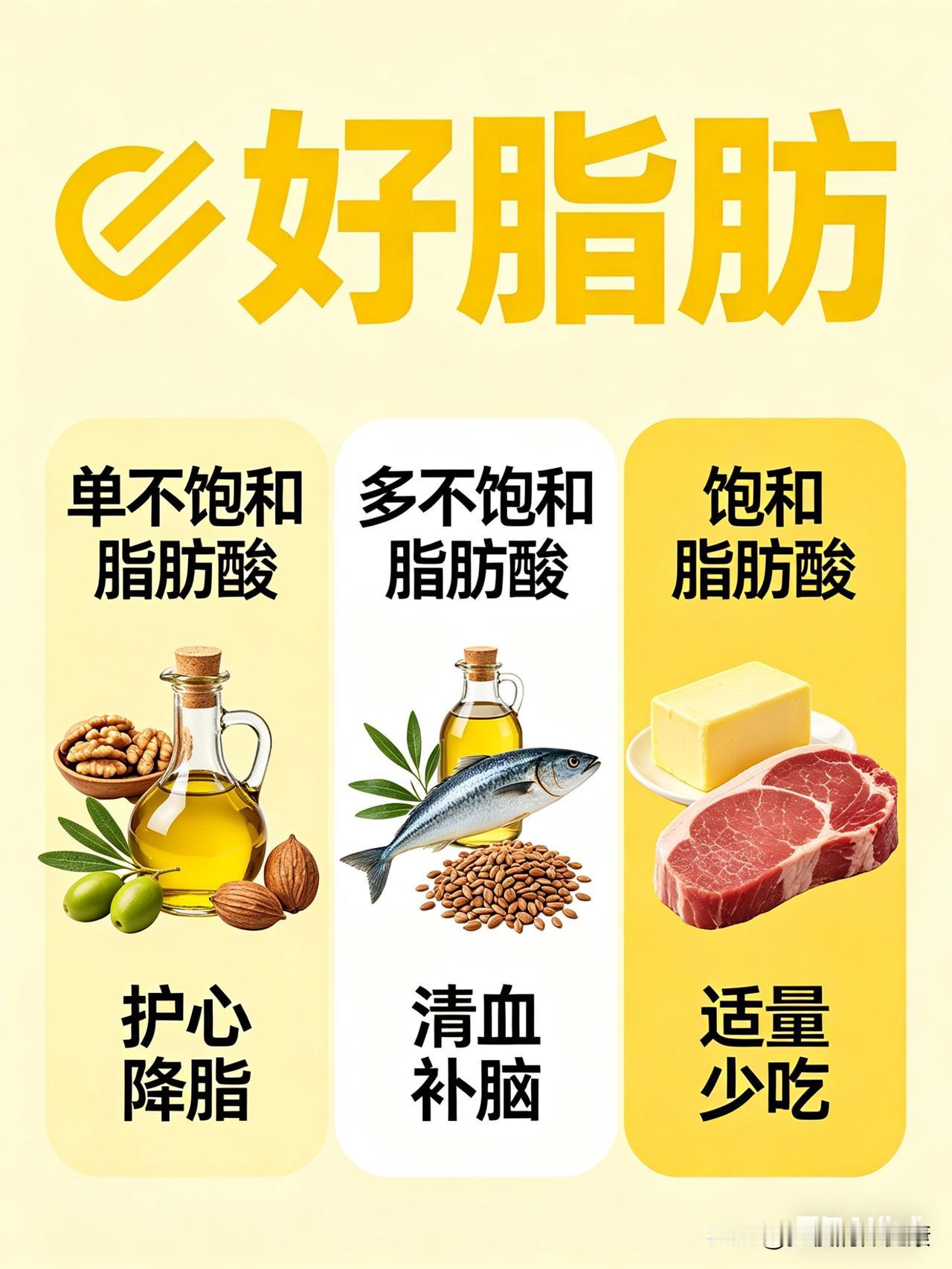 ✅ 1. 单不饱和脂肪酸（最好）
护心、降血脂
食物：橄榄油、茶籽油、坚果

✅