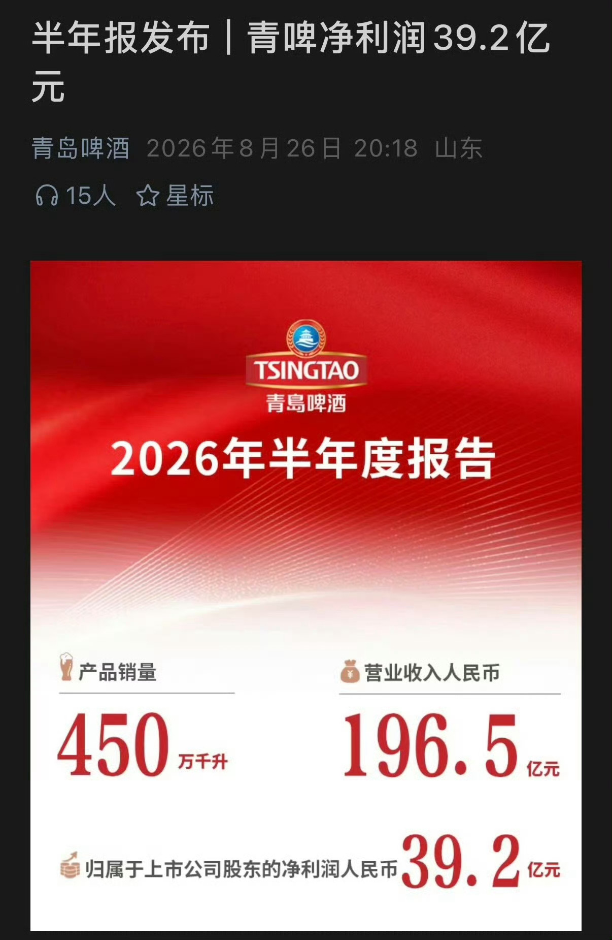 好牛逼‼️青岛啤酒财报半年盈利39.2亿🔥特意点名肖战主推又成品类标杆[给你小