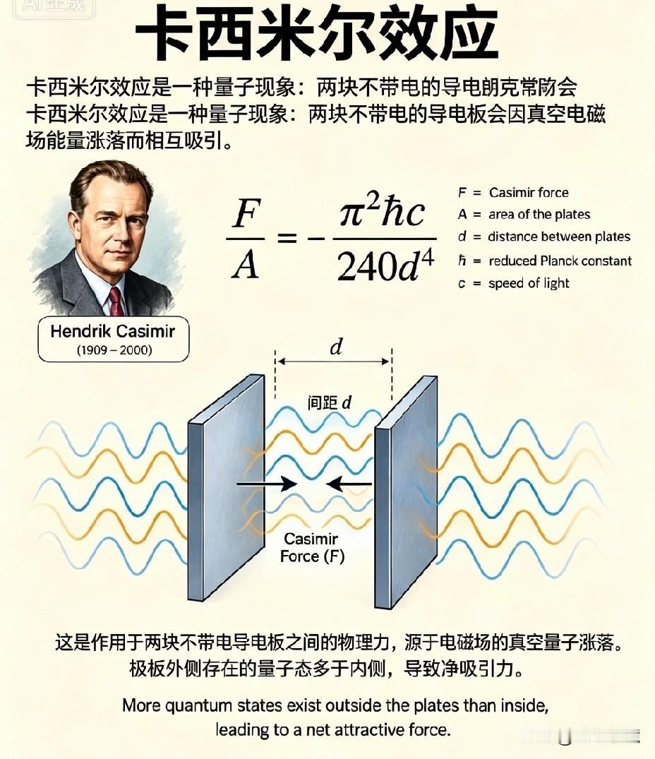 两块未带电的金属板能够相互吸引，而它们之间并不带有任何电荷。这就是卡西米尔效应。