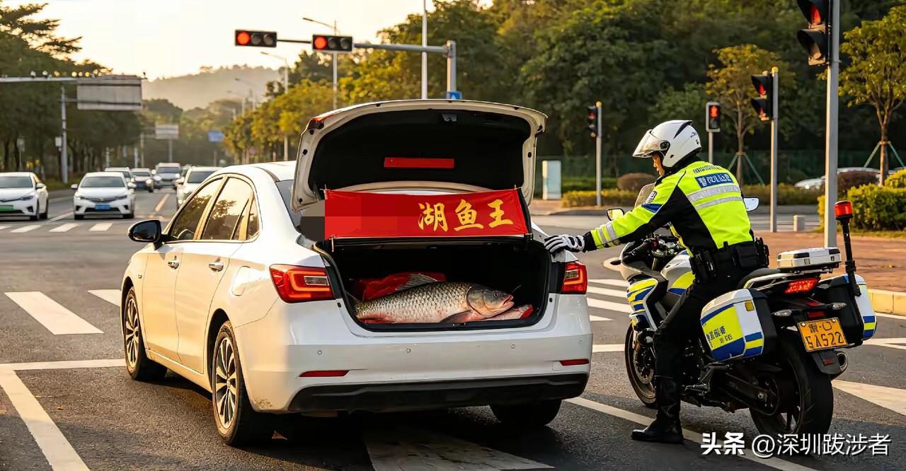 啪！东莞一条主干道的十字路口，在等红绿灯途中，前面一辆比亚迪的后备厢突然打开，一