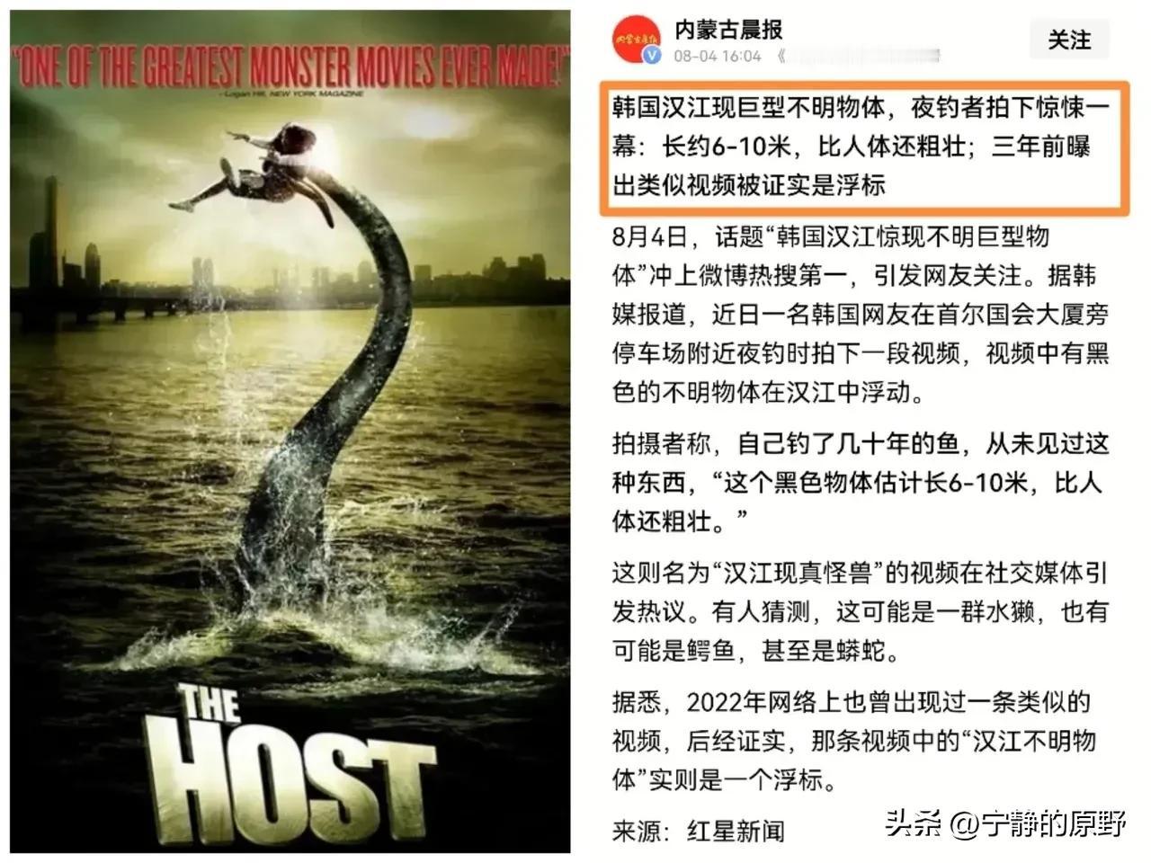 “电影照进现实了？”韩国汉江，一位大叔夜间垂钓时，突然看到一个巨大的长条状物从水