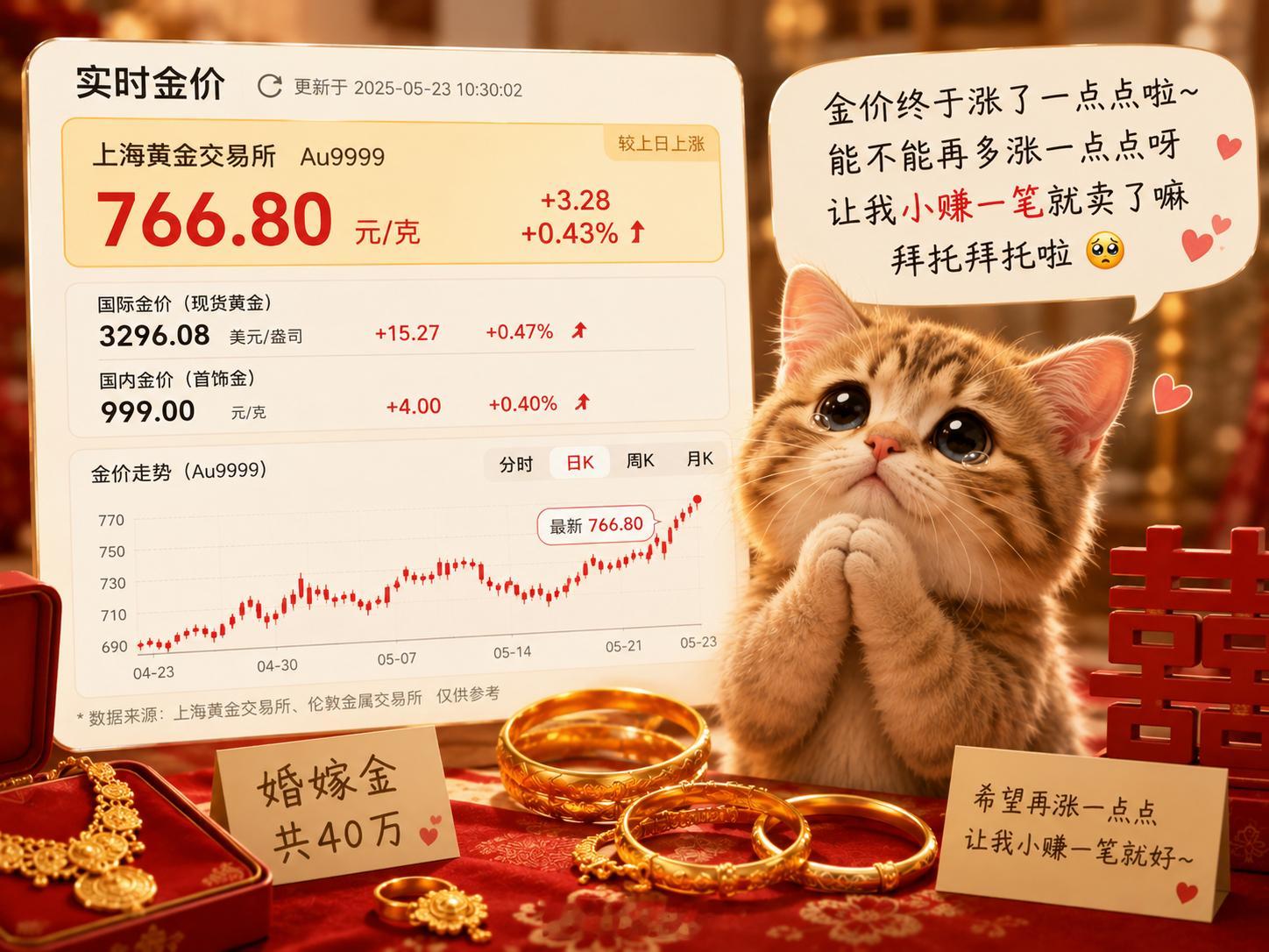 金价暴跌有人花40万买婚嫁金能不能稍微涨一点啊，现在我都还是亏本的，我想小赚一笔