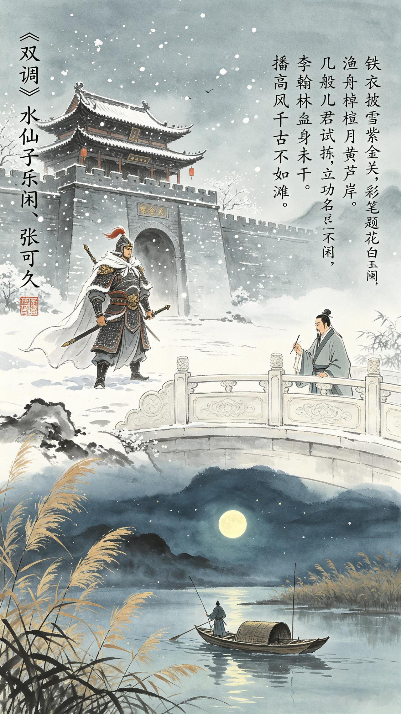 《双调》水仙子乐闲、张可久。
铁衣披雪紫金关，
彩笔题花白玉阑，
渔舟棹月黄芦岸