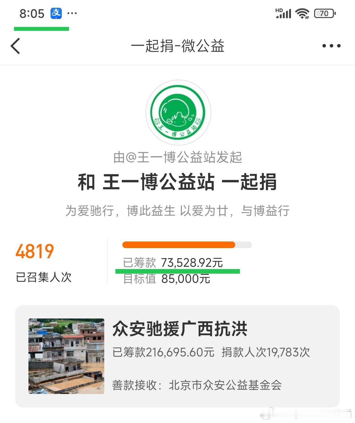 截止到今天8：05分，王一博粉丝摩托姐姐跟随王一博公益站一起捐驰援广西抗洪公益项